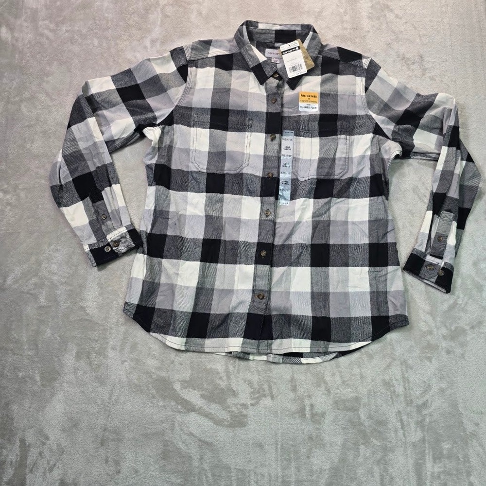 Carhartt Women XL Rugged Flex Plaid Flannel Shirt Black Gray White 104516 N04